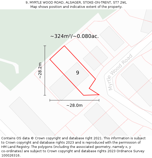 9, MYRTLE WOOD ROAD, ALSAGER, STOKE-ON-TRENT, ST7 2WL: Plot and title map