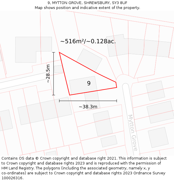 9, MYTTON GROVE, SHREWSBURY, SY3 8UF: Plot and title map