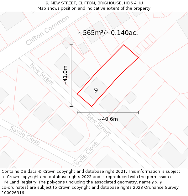 9, NEW STREET, CLIFTON, BRIGHOUSE, HD6 4HU: Plot and title map