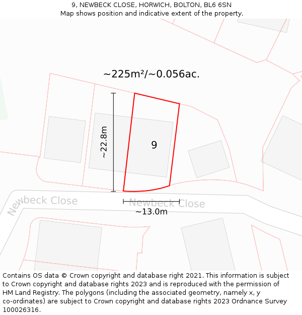 9, NEWBECK CLOSE, HORWICH, BOLTON, BL6 6SN: Plot and title map