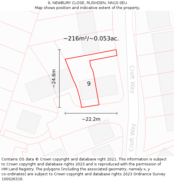 9, NEWBURY CLOSE, RUSHDEN, NN10 0EU: Plot and title map