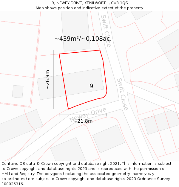 9, NEWEY DRIVE, KENILWORTH, CV8 1QS: Plot and title map