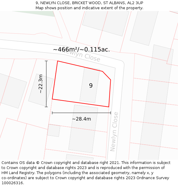 9, NEWLYN CLOSE, BRICKET WOOD, ST ALBANS, AL2 3UP: Plot and title map