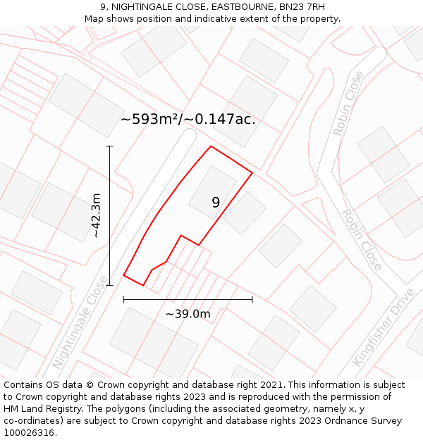 9, NIGHTINGALE CLOSE, EASTBOURNE, BN23 7RH: Plot and title map