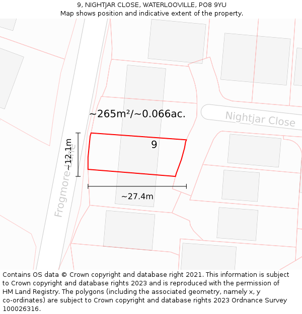 9, NIGHTJAR CLOSE, WATERLOOVILLE, PO8 9YU: Plot and title map