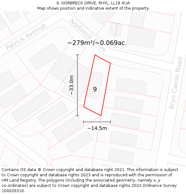 9, NORBRECK DRIVE, RHYL, LL18 4UA: Plot and title map