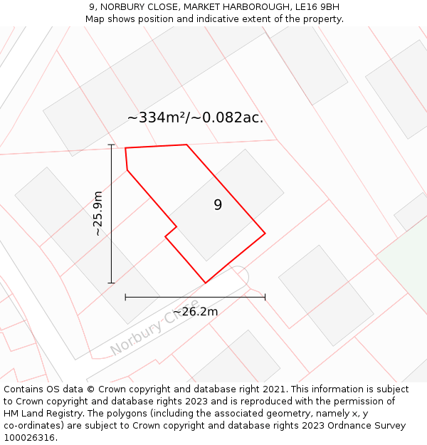 9, NORBURY CLOSE, MARKET HARBOROUGH, LE16 9BH: Plot and title map
