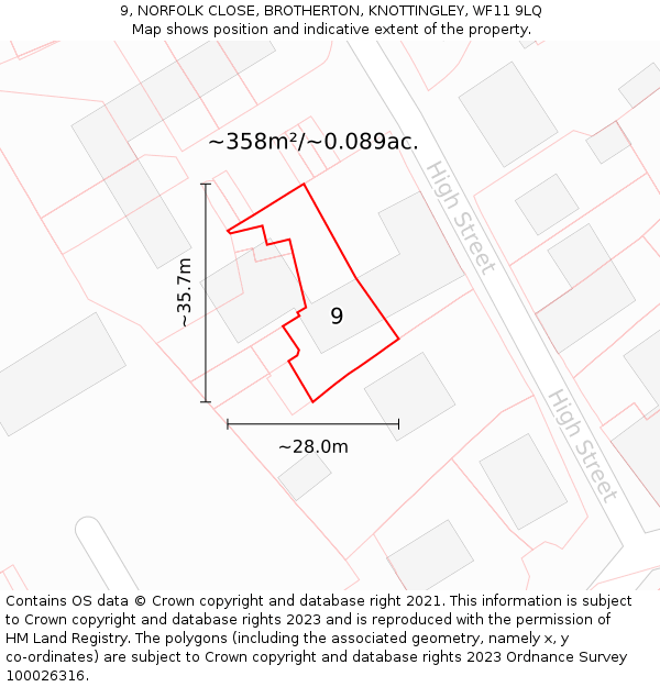 9, NORFOLK CLOSE, BROTHERTON, KNOTTINGLEY, WF11 9LQ: Plot and title map