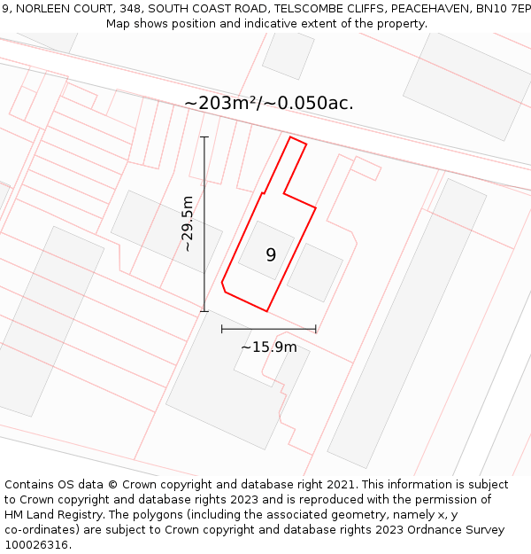 9, NORLEEN COURT, 348, SOUTH COAST ROAD, TELSCOMBE CLIFFS, PEACEHAVEN, BN10 7EP: Plot and title map