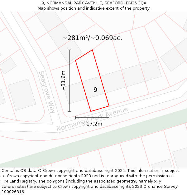 9, NORMANSAL PARK AVENUE, SEAFORD, BN25 3QX: Plot and title map