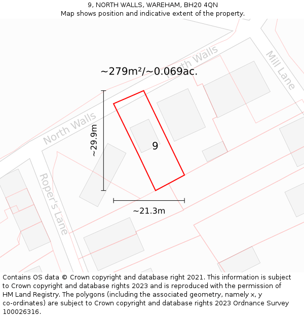 9, NORTH WALLS, WAREHAM, BH20 4QN: Plot and title map