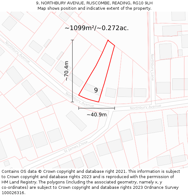 9, NORTHBURY AVENUE, RUSCOMBE, READING, RG10 9LH: Plot and title map