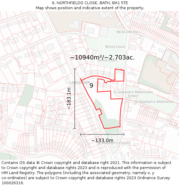 9, NORTHFIELDS CLOSE, BATH, BA1 5TE: Plot and title map