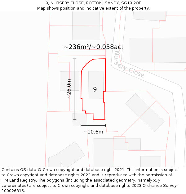 9, NURSERY CLOSE, POTTON, SANDY, SG19 2QE: Plot and title map