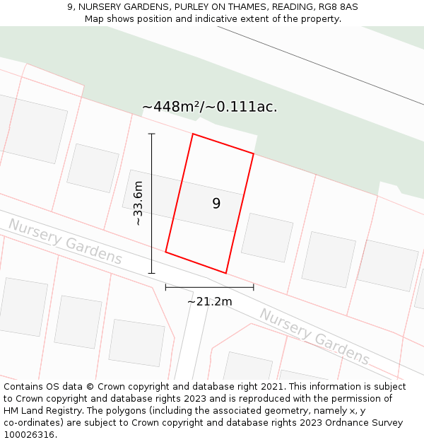 9, NURSERY GARDENS, PURLEY ON THAMES, READING, RG8 8AS: Plot and title map