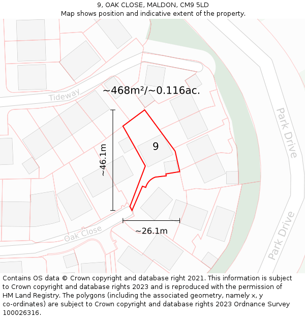 9, OAK CLOSE, MALDON, CM9 5LD: Plot and title map