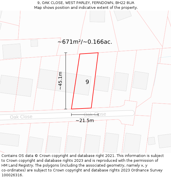9, OAK CLOSE, WEST PARLEY, FERNDOWN, BH22 8UA: Plot and title map