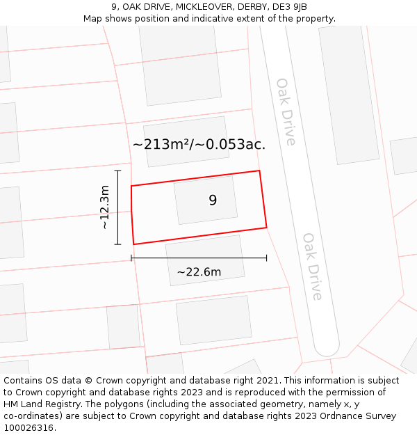 9, OAK DRIVE, MICKLEOVER, DERBY, DE3 9JB: Plot and title map