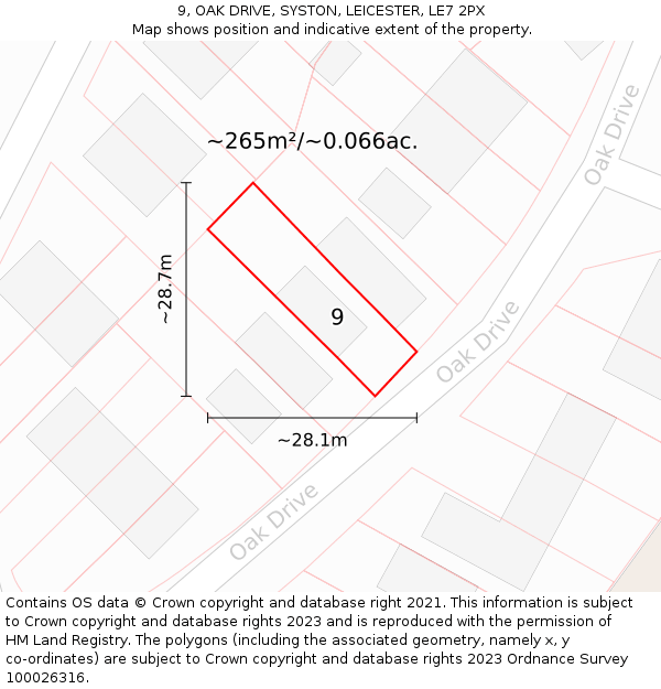 9, OAK DRIVE, SYSTON, LEICESTER, LE7 2PX: Plot and title map