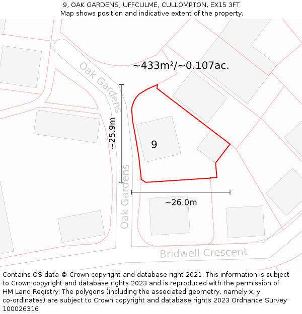 9, OAK GARDENS, UFFCULME, CULLOMPTON, EX15 3FT: Plot and title map