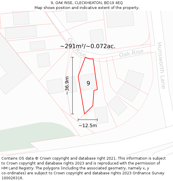 9, OAK RISE, CLECKHEATON, BD19 4EQ: Plot and title map