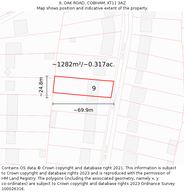 9, OAK ROAD, COBHAM, KT11 3AZ: Plot and title map