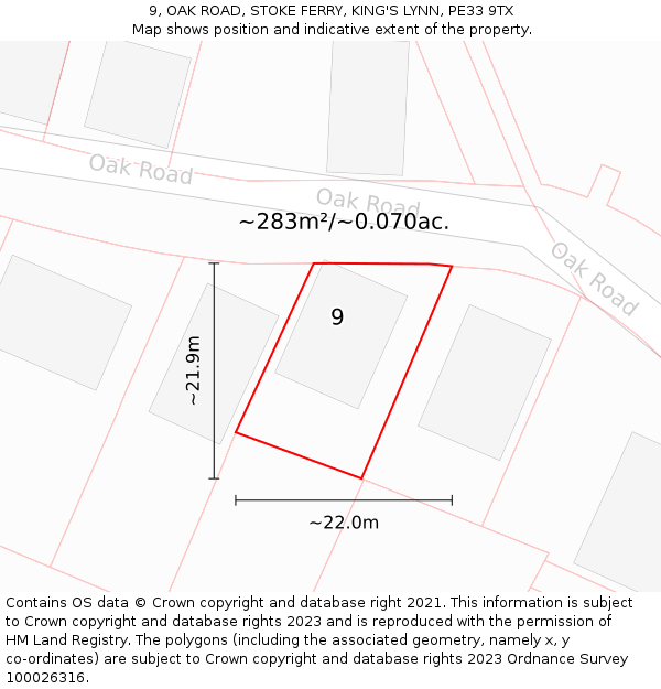 9, OAK ROAD, STOKE FERRY, KING'S LYNN, PE33 9TX: Plot and title map