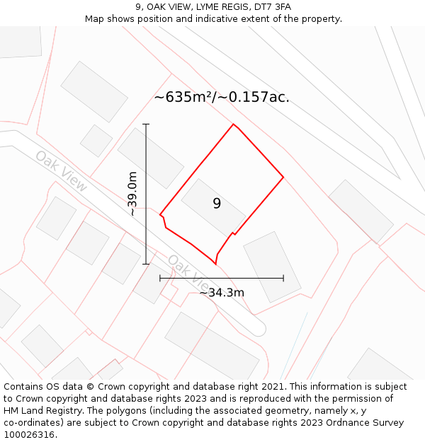 9, OAK VIEW, LYME REGIS, DT7 3FA: Plot and title map