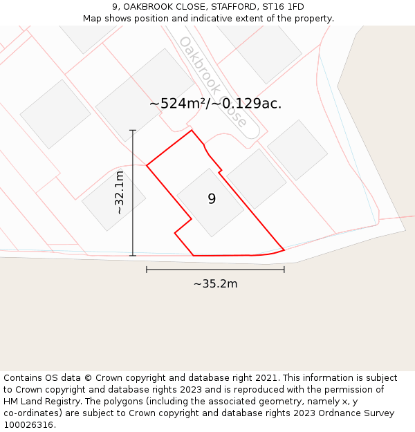 9, OAKBROOK CLOSE, STAFFORD, ST16 1FD: Plot and title map