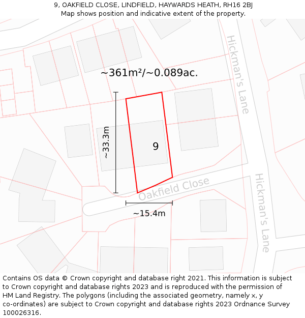 9, OAKFIELD CLOSE, LINDFIELD, HAYWARDS HEATH, RH16 2BJ: Plot and title map