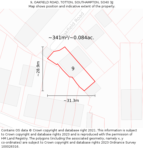 9, OAKFIELD ROAD, TOTTON, SOUTHAMPTON, SO40 3JJ: Plot and title map