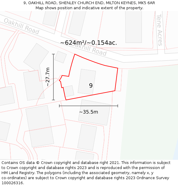 9, OAKHILL ROAD, SHENLEY CHURCH END, MILTON KEYNES, MK5 6AR: Plot and title map