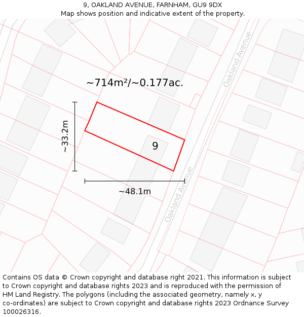 9, OAKLAND AVENUE, FARNHAM, GU9 9DX: Plot and title map