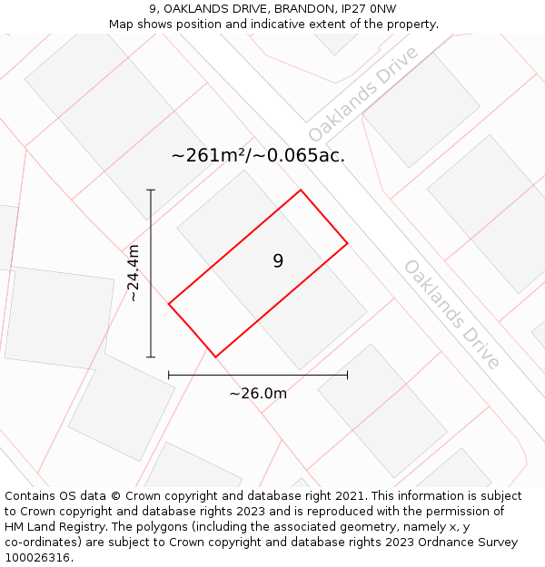 9, OAKLANDS DRIVE, BRANDON, IP27 0NW: Plot and title map