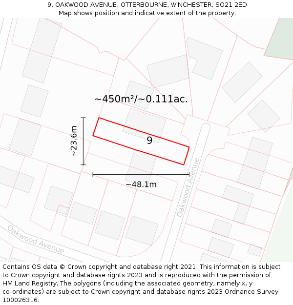 9, OAKWOOD AVENUE, OTTERBOURNE, WINCHESTER, SO21 2ED: Plot and title map