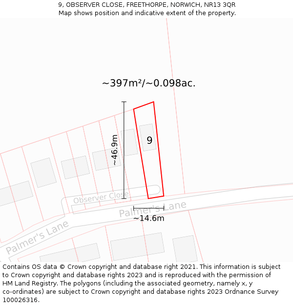 9, OBSERVER CLOSE, FREETHORPE, NORWICH, NR13 3QR: Plot and title map