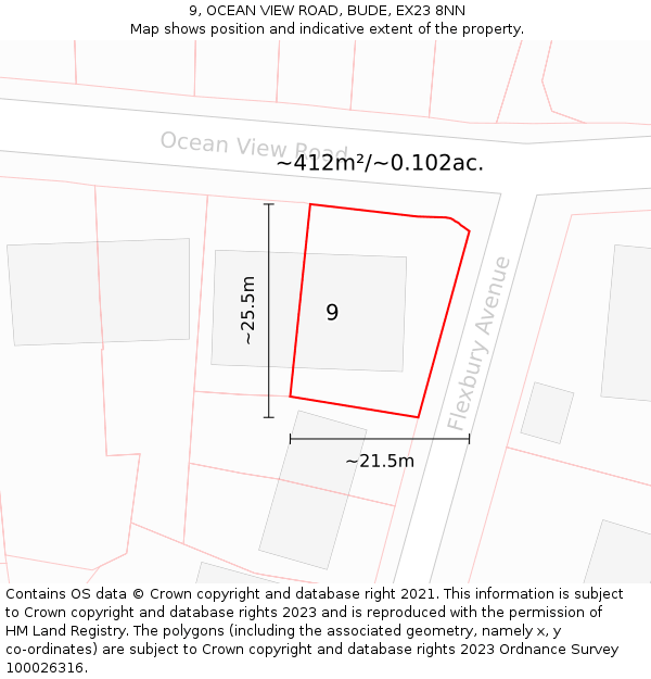 9, OCEAN VIEW ROAD, BUDE, EX23 8NN: Plot and title map