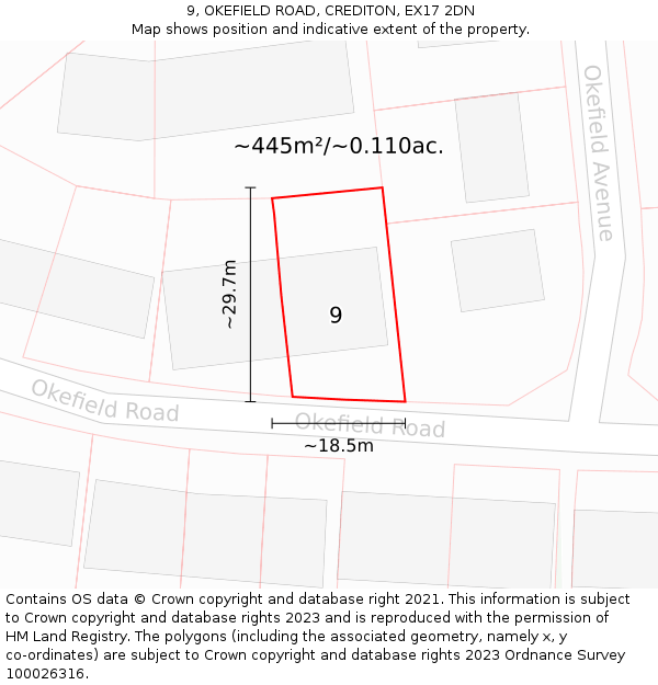 9, OKEFIELD ROAD, CREDITON, EX17 2DN: Plot and title map