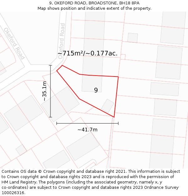 9, OKEFORD ROAD, BROADSTONE, BH18 8PA: Plot and title map