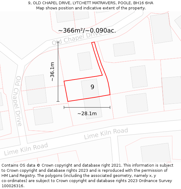 9, OLD CHAPEL DRIVE, LYTCHETT MATRAVERS, POOLE, BH16 6HA: Plot and title map