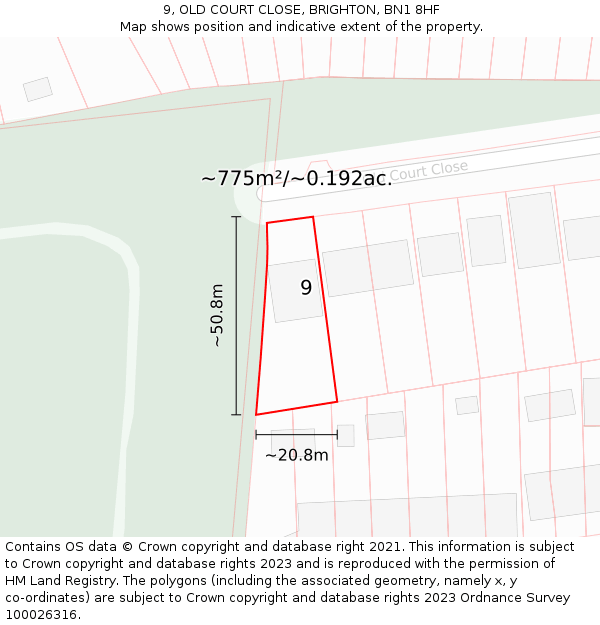 9, OLD COURT CLOSE, BRIGHTON, BN1 8HF: Plot and title map