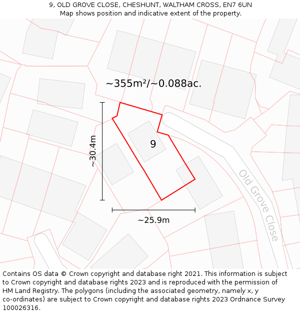 9, OLD GROVE CLOSE, CHESHUNT, WALTHAM CROSS, EN7 6UN: Plot and title map