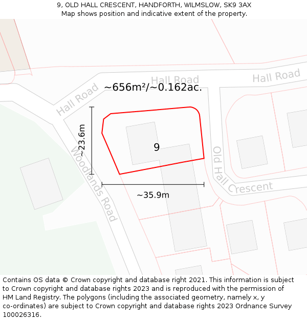 9, OLD HALL CRESCENT, HANDFORTH, WILMSLOW, SK9 3AX: Plot and title map