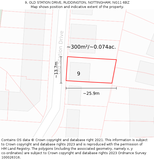 9, OLD STATION DRIVE, RUDDINGTON, NOTTINGHAM, NG11 6BZ: Plot and title map