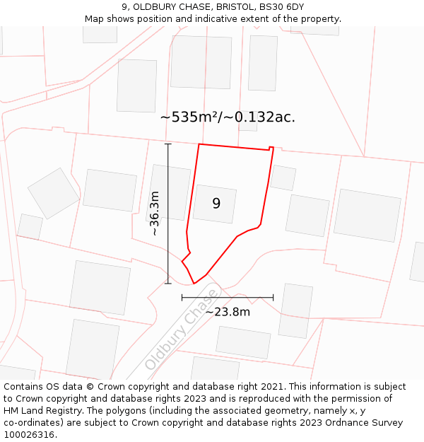 9, OLDBURY CHASE, BRISTOL, BS30 6DY: Plot and title map