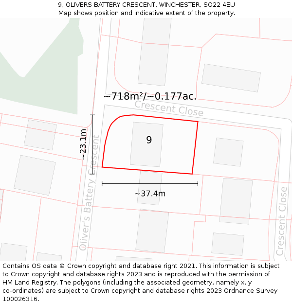 9, OLIVERS BATTERY CRESCENT, WINCHESTER, SO22 4EU: Plot and title map