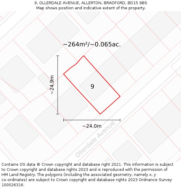 9, OLLERDALE AVENUE, ALLERTON, BRADFORD, BD15 9BS: Plot and title map