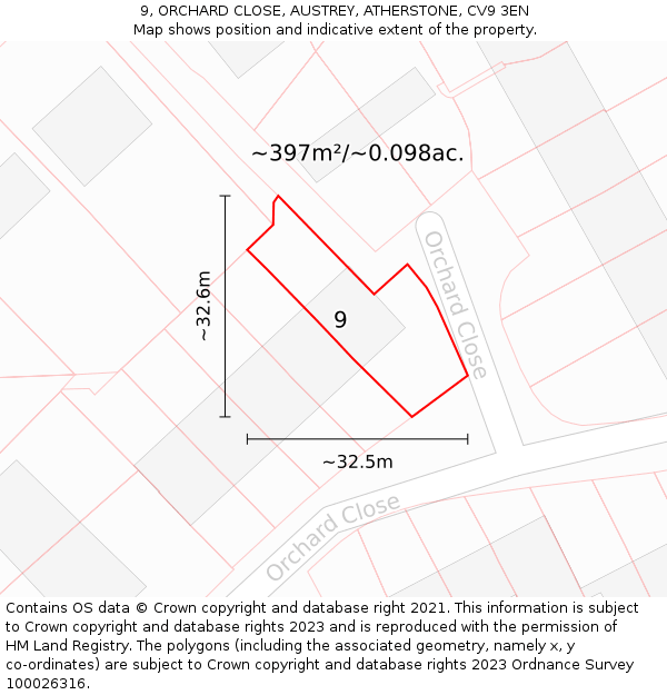 9, ORCHARD CLOSE, AUSTREY, ATHERSTONE, CV9 3EN: Plot and title map