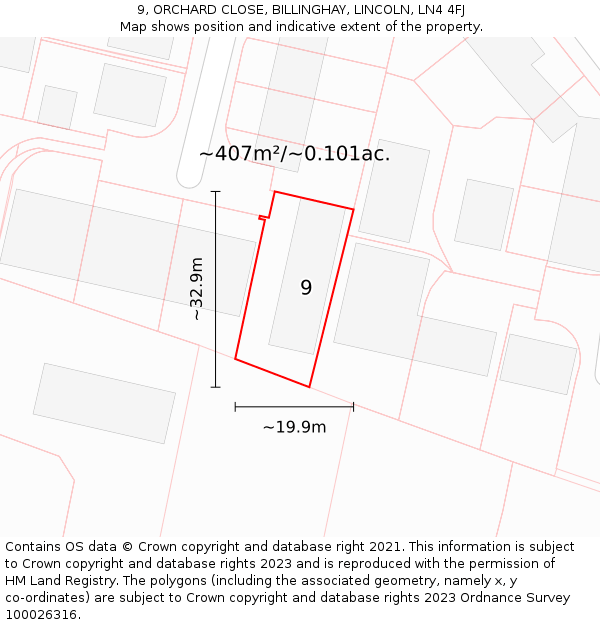 9, ORCHARD CLOSE, BILLINGHAY, LINCOLN, LN4 4FJ: Plot and title map