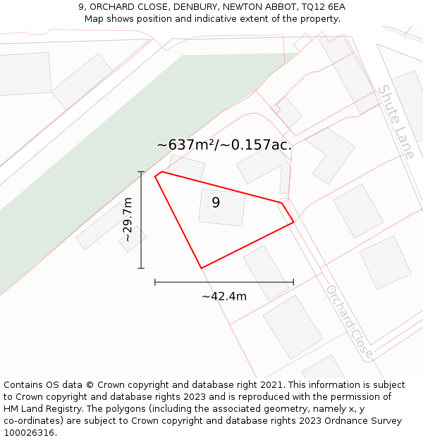 9, ORCHARD CLOSE, DENBURY, NEWTON ABBOT, TQ12 6EA: Plot and title map